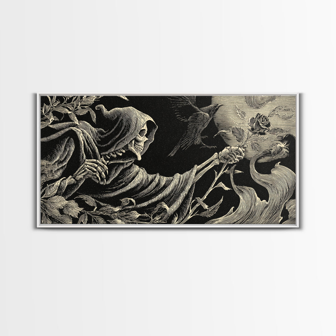 The Vampire Florist, Macabre Folk Print Art, Wide Panoramic Art, Dark Fantasy Wall Art, Framed Canvas Print, Halloween Wall Art