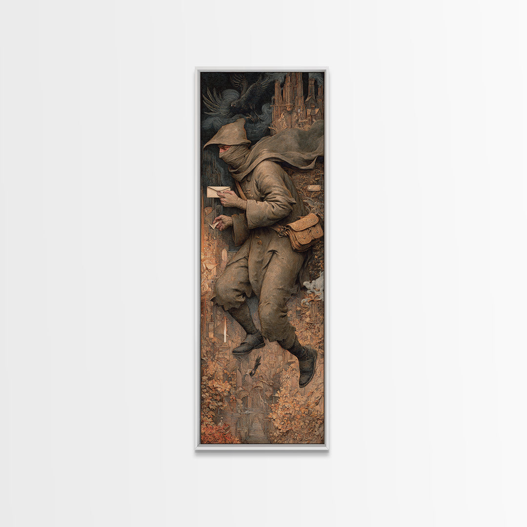 The Mummy Mail Carrier, Medieval Grotesque Art, Tall Narrow Wall Art, Dark Fantasy Wall Art, Framed Canvas Print, Halloween Wall Art