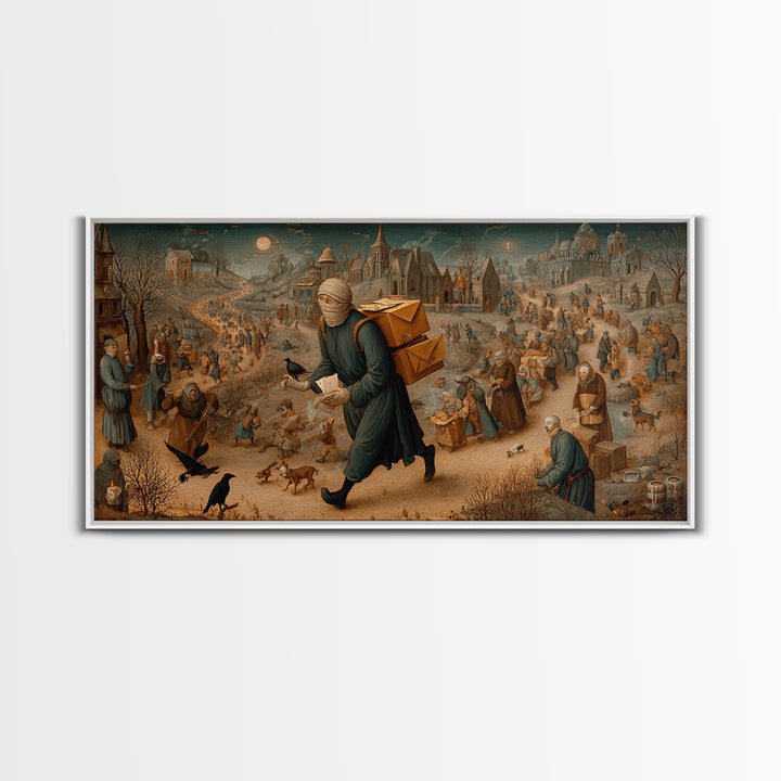 The Mummy Mail Carrier, Northern Renaissance Horror, Wide Panoramic Art, Dark Halloween Decor, Canvas Print, Halloween Wall Art