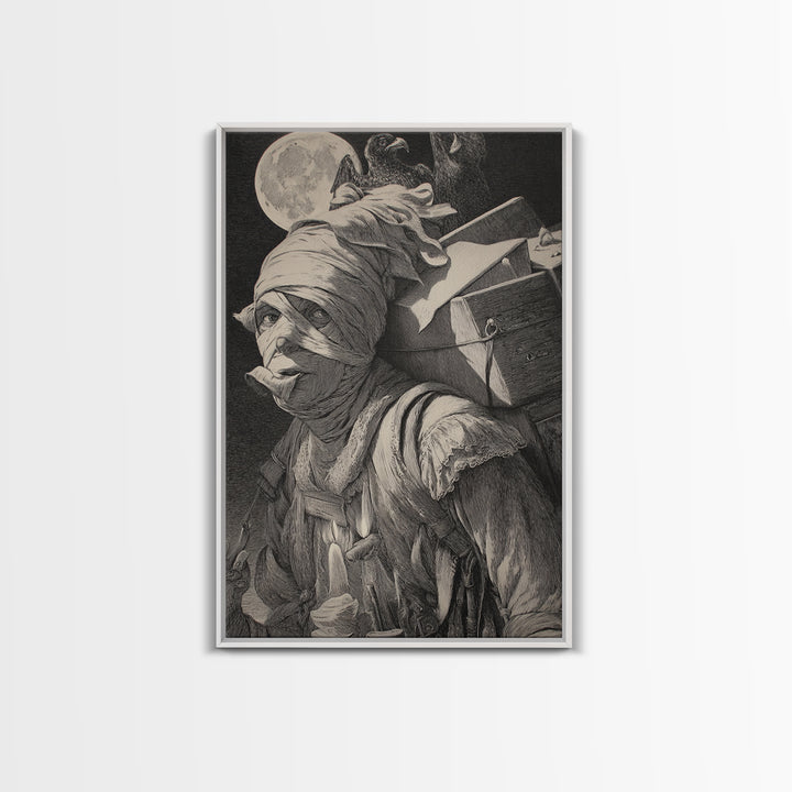 The Mummy Mail Carrier, Renaissance Engraving Art, Vertical Wall Art, Dark Fantasy Wall Art, Canvas Print, Halloween Wall Art