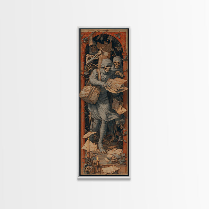 The Mummy Mail Carrier, Danse Macabre Art, Tall Narrow Wall Art, Macabre Wall Art, Framed Canvas Print