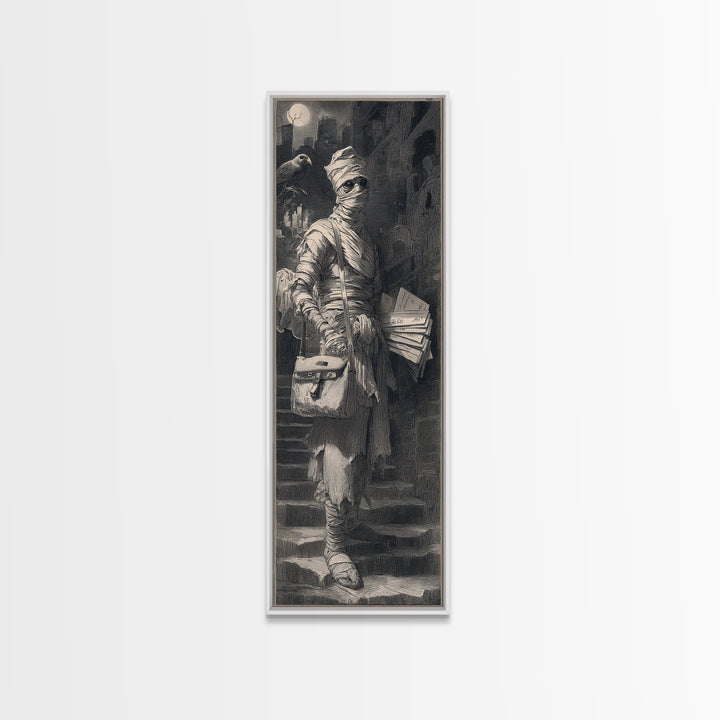 The Mummy Mail Carrier, Architectural Etching Art, Tall Narrow Wall Art, Gothic Horror Wall Art, Framed Canvas Print