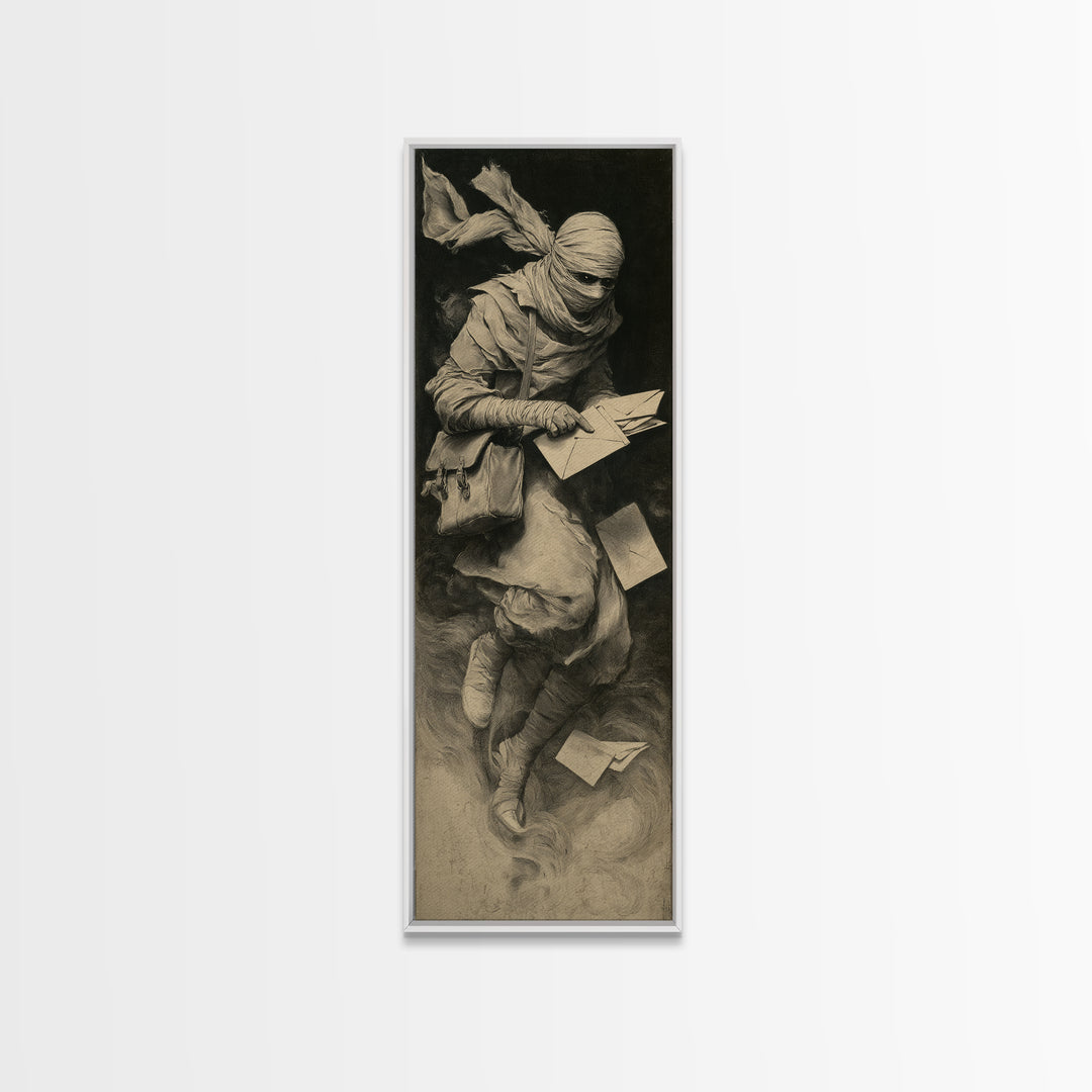 The Mummy Mail Carrier, Symbolist Dream Art, Tall Narrow Wall Art, Gothic Horror Wall Art, Canvas Print, Halloween Wall Art