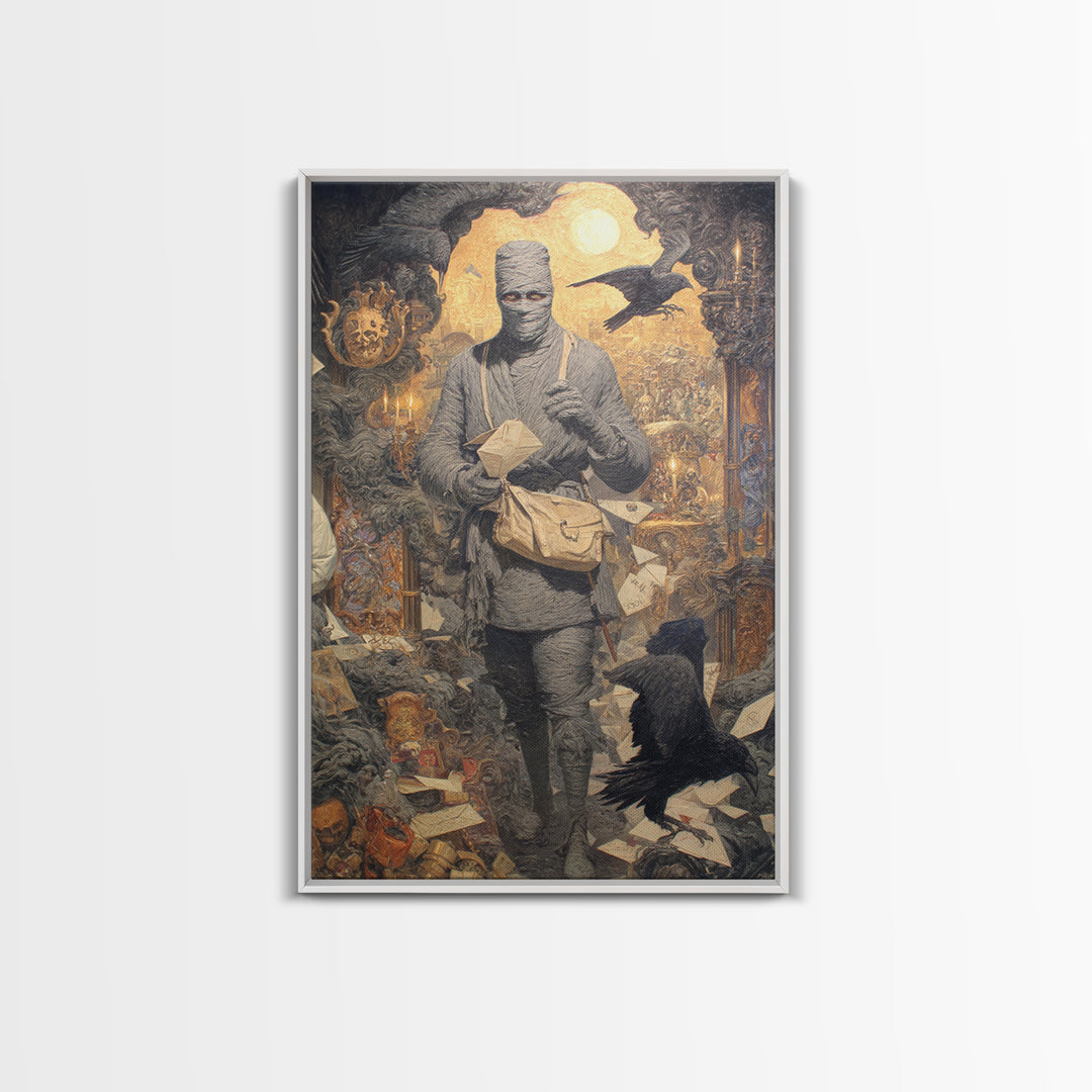 The Mummy Mail Carrier, Ornate Symbolist Art, Vertical Wall Art, Dark Halloween Decor, Canvas Print, Halloween Wall Art