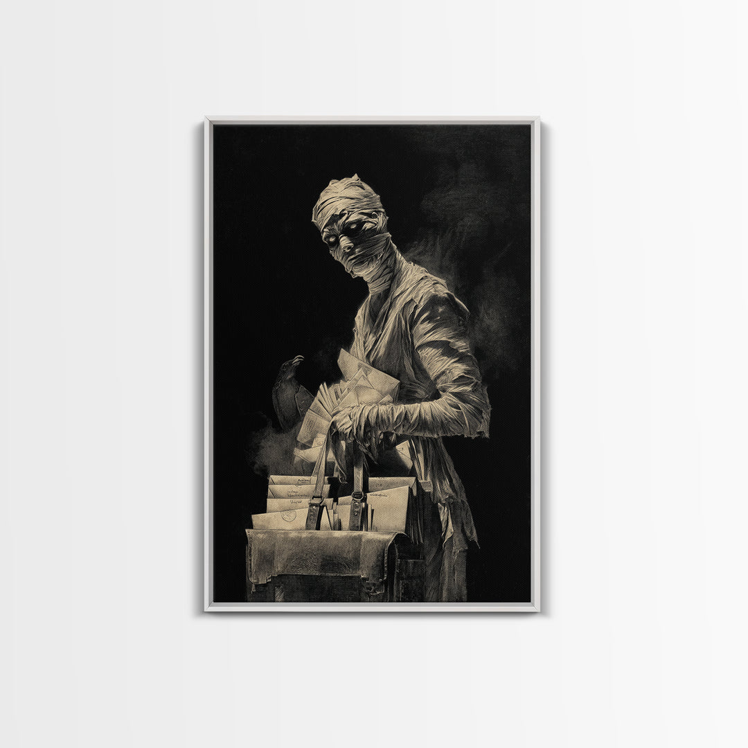 The Mummy Mail Carrier, Decadent Gothic Art, Vertical Wall Art, Macabre Wall Art, Framed Canvas Print, Halloween Wall Art
