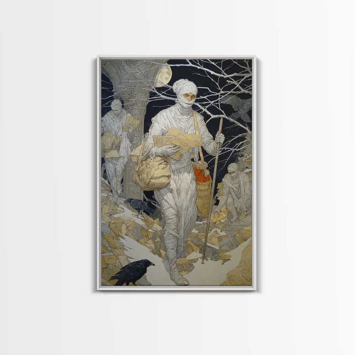 The Mummy Mail Carrier, Symbolist Death Art, Vertical Wall Art, Macabre Wall Art, Canvas Print, Halloween Wall Art