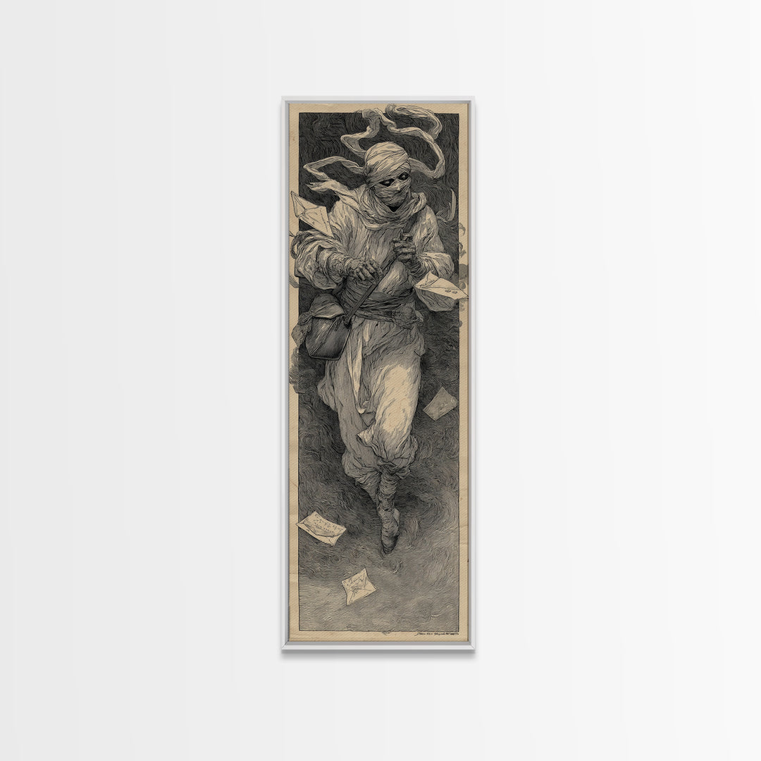The Mummy Mail Carrier, Symbolist Etching Art, Tall Narrow Wall Art, Gothic Horror Wall Art, Framed Canvas Print, Halloween Wall Art