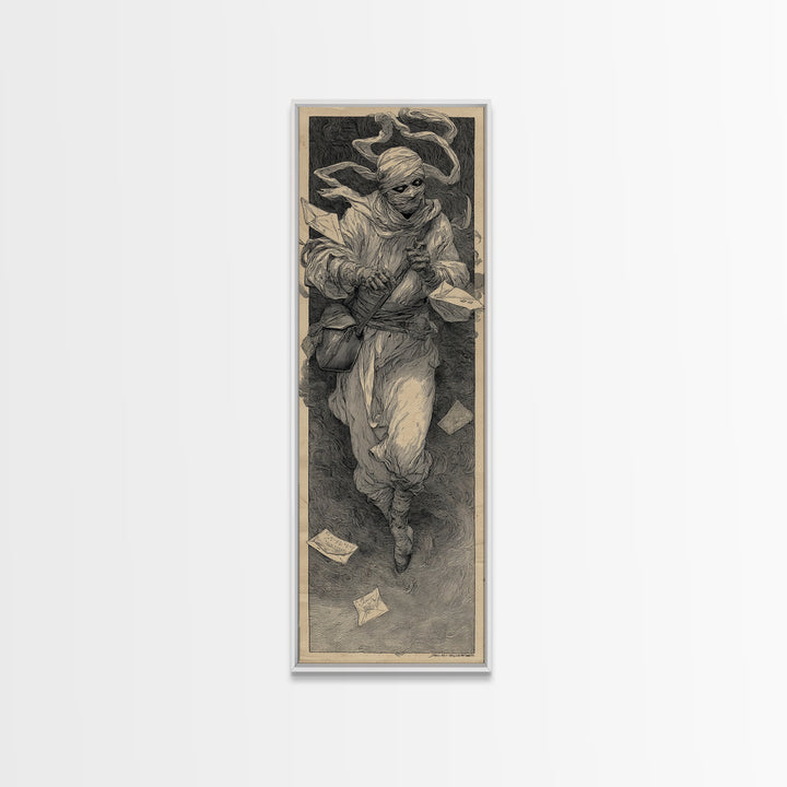 The Mummy Mail Carrier, Symbolist Etching Art, Tall Narrow Wall Art, Gothic Horror Wall Art, Framed Canvas Print, Halloween Wall Art