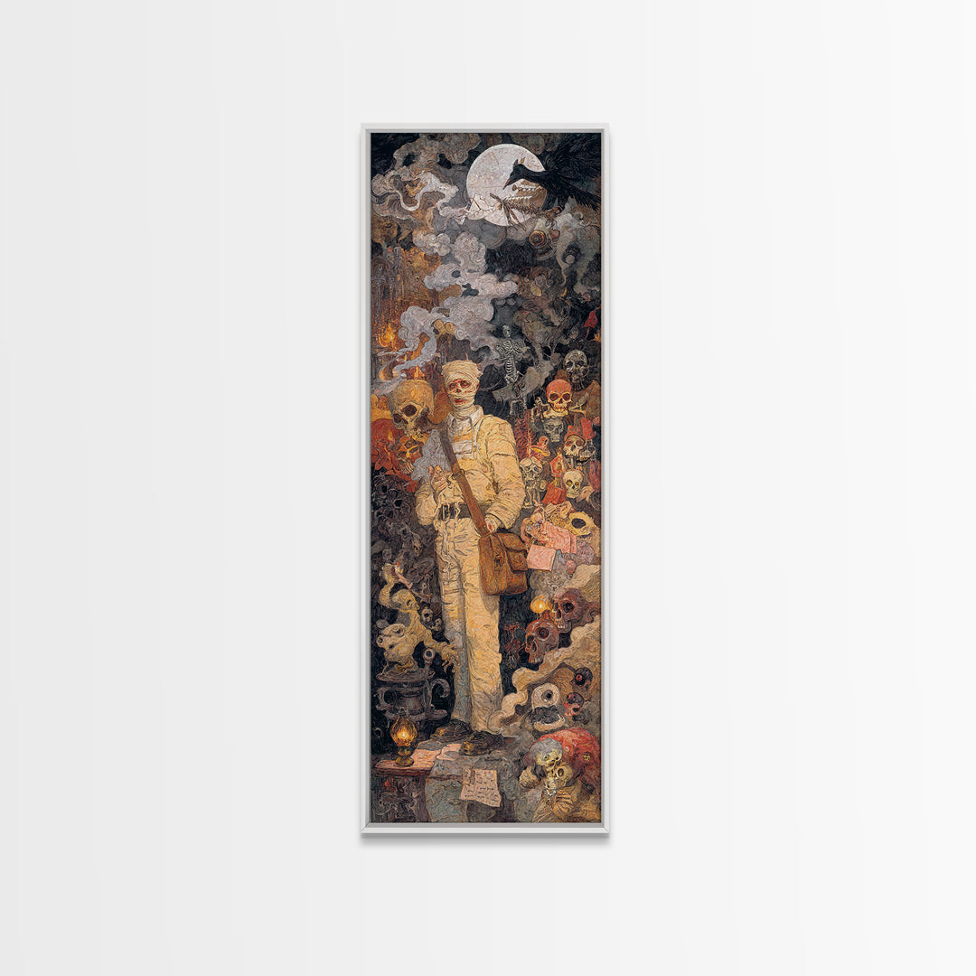 The Mummy Mail Carrier, Grotesque Carnival Art, Tall Narrow Wall Art, Gothic Horror Wall Art, Framed Canvas Print, Halloween Wall Art