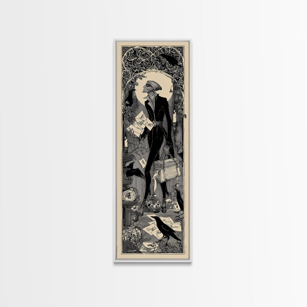 The Mummy Mail Carrier, Decadent Line Art, Tall Narrow Wall Art, Gothic Horror Wall Art, Framed Canvas Print, Halloween Wall Art