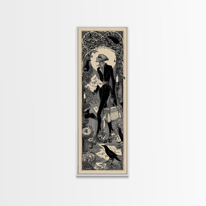 The Mummy Mail Carrier, Decadent Line Art, Tall Narrow Wall Art, Gothic Horror Wall Art, Framed Canvas Print, Halloween Wall Art