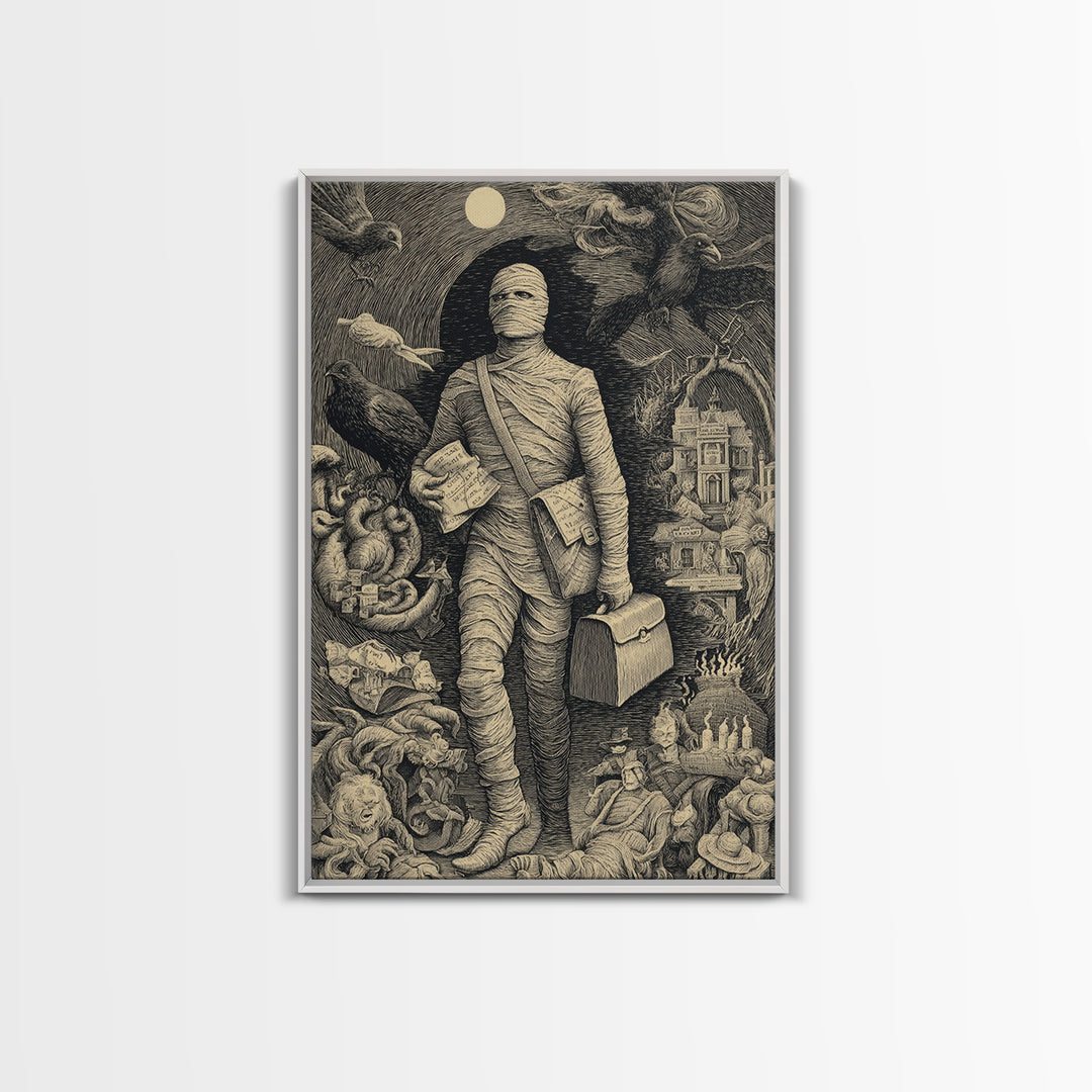 The Mummy Mail Carrier, Victorian Macabre Art, Vertical Wall Art, Gothic Horror Wall Art, Framed Canvas Print, Halloween Wall Art