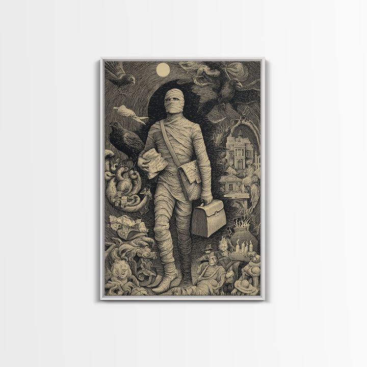 The Mummy Mail Carrier, Victorian Macabre Art, Vertical Wall Art, Gothic Horror Wall Art, Framed Canvas Print, Halloween Wall Art