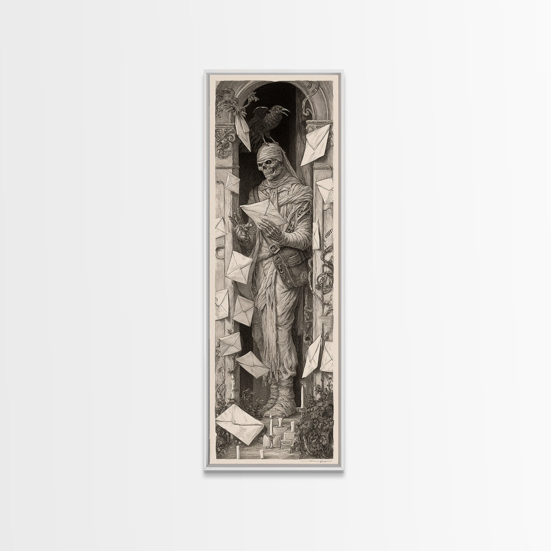 The Mummy Mail Carrier, Biomechanical Horror Art, Tall Narrow Wall Art, Dark Fantasy Wall Art, Framed Canvas Print, Halloween Wall Art