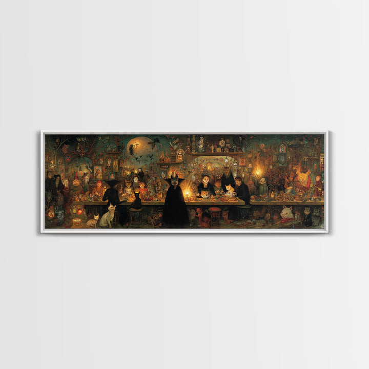 The Witch'S Cat Cafe, Medieval Grotesque Art, Extra Wide Wall Art, Dark Halloween Decor, Canvas Print, Halloween Wall Art