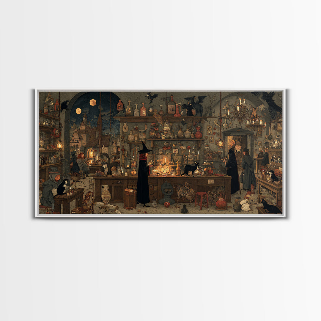 The Witch'S Cat Cafe, Northern Renaissance Horror, Wide Panoramic Art, Gothic Horror Wall Art, Framed Canvas Print