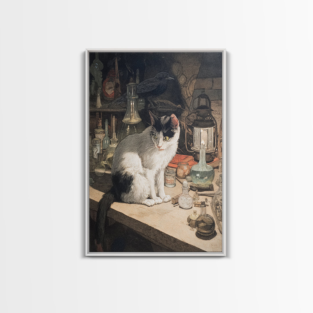 The Witch'S Cat Cafe, Dark Renaissance Art, Vertical Wall Art, Macabre Wall Art, Framed Canvas Print, Halloween Wall Art