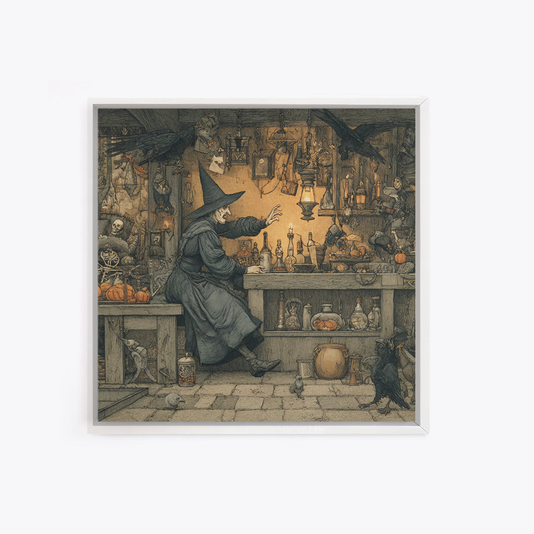 The Witch'S Cat Cafe, Danse Macabre Art, Square Wall Art, Dark Fantasy Wall Art, Framed Canvas Print, Halloween Wall Art