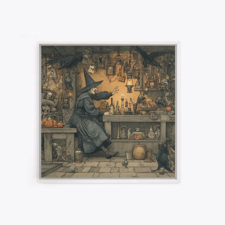 The Witch'S Cat Cafe, Danse Macabre Art, Square Wall Art, Dark Fantasy Wall Art, Framed Canvas Print, Halloween Wall Art