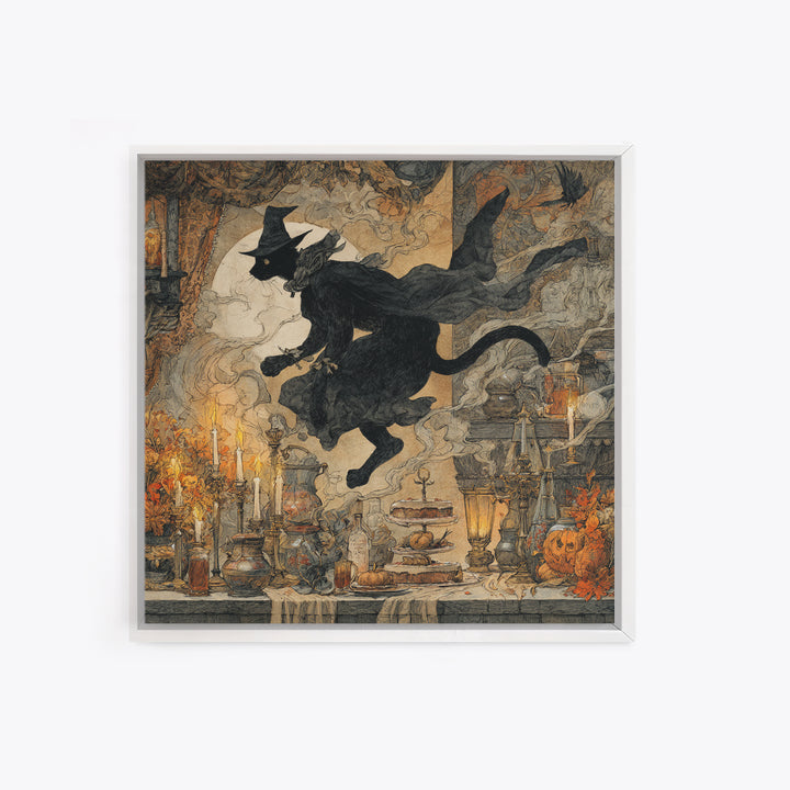 The Witch'S Cat Cafe, Baroque Witchcraft Art, Square Wall Art, Dark Halloween Decor, Framed Canvas Print, Halloween Wall Art