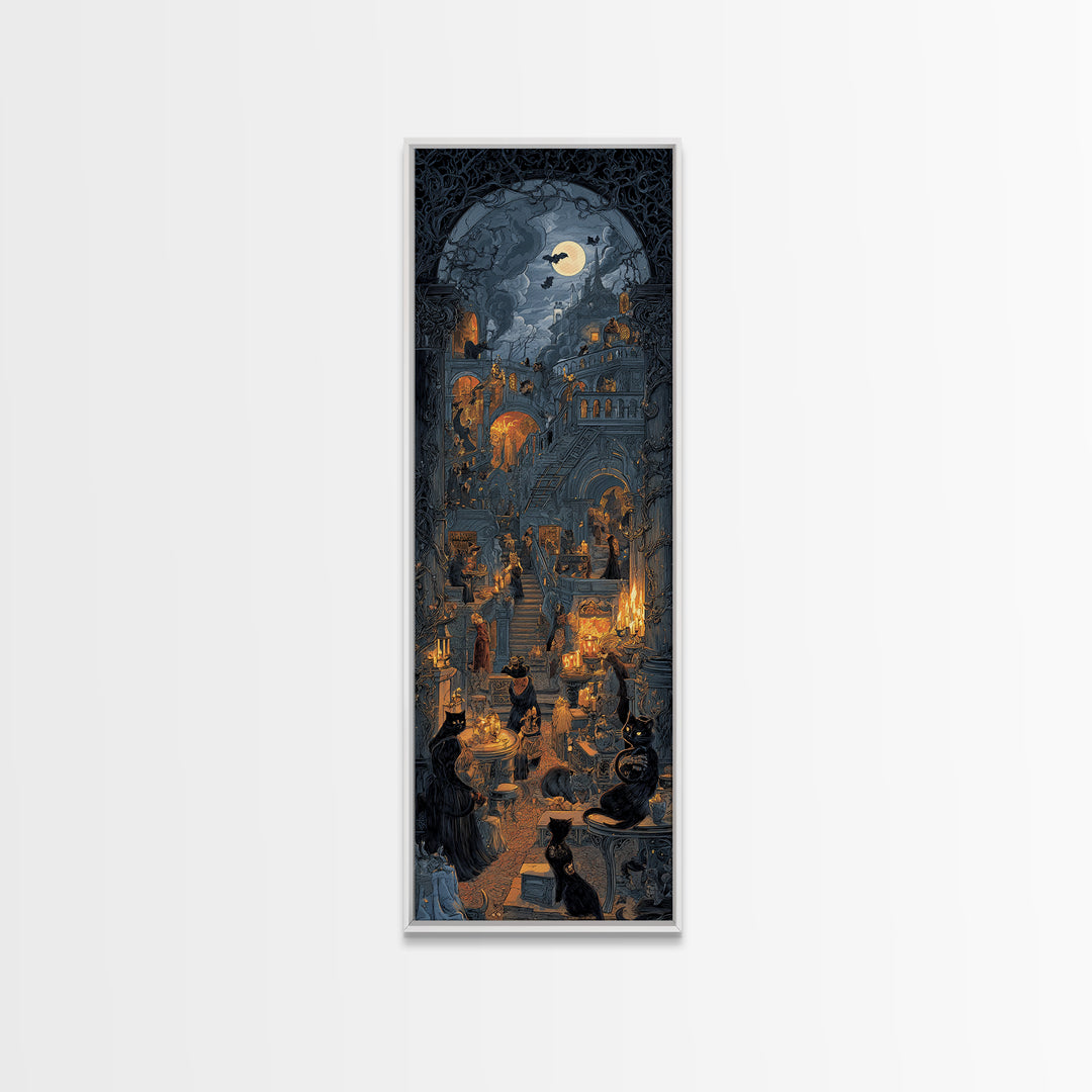 The Witch'S Cat Cafe, Architectural Etching Art, Tall Narrow Wall Art, Dark Halloween Decor, Canvas Print, Halloween Wall Art