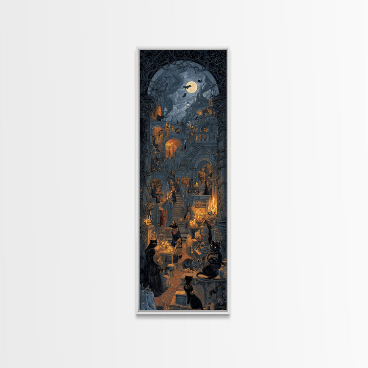 The Witch'S Cat Cafe, Architectural Etching Art, Tall Narrow Wall Art, Dark Halloween Decor, Canvas Print, Halloween Wall Art