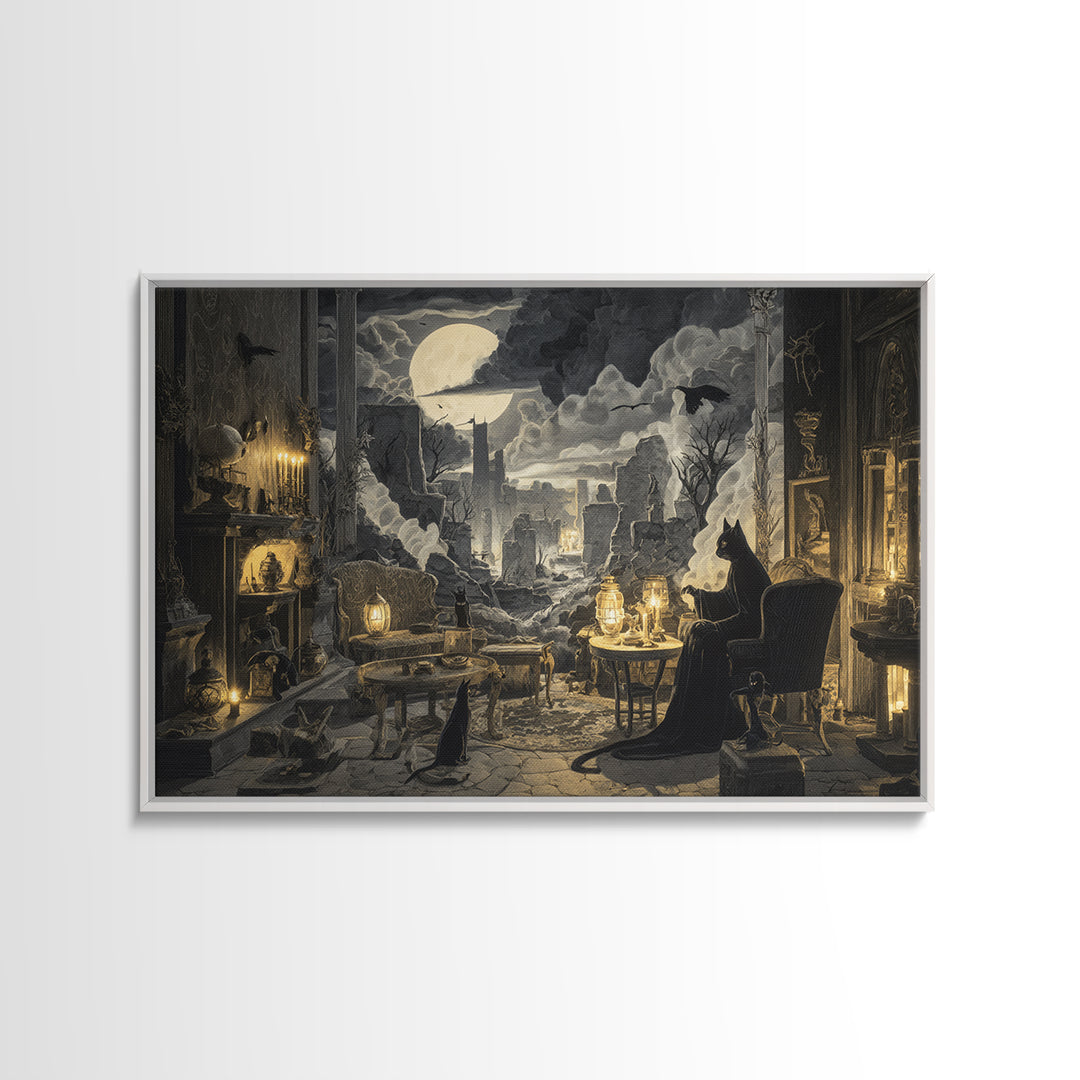 The Witch'S Cat Cafe, Romantic Gothic Landscape, Landscape Wall Art, Dark Halloween Decor, Framed Canvas Print, Halloween Wall Art
