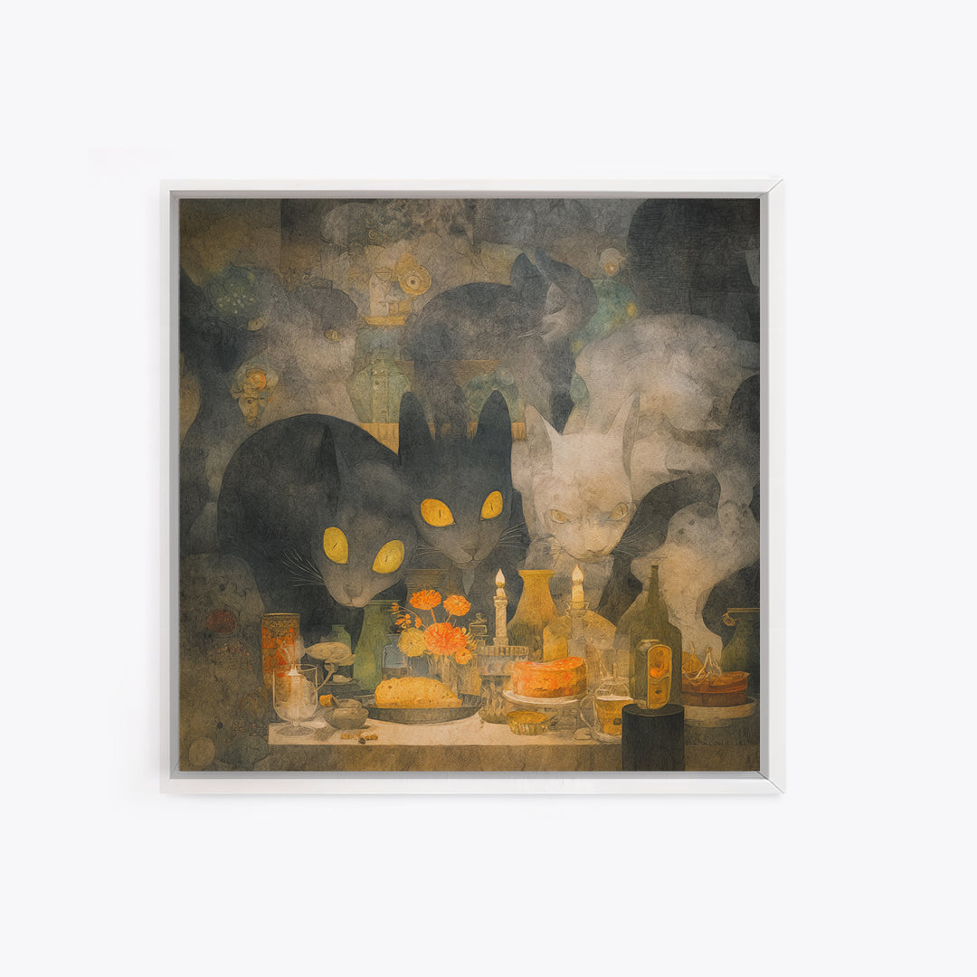 The Witch'S Cat Cafe, Symbolist Dream Art, Square Wall Art, Macabre Wall Art, Framed Canvas Print, Halloween Wall Art, Horror Wall Art