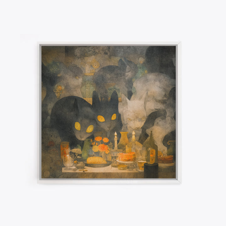 The Witch'S Cat Cafe, Symbolist Dream Art, Square Wall Art, Macabre Wall Art, Framed Canvas Print, Halloween Wall Art, Horror Wall Art