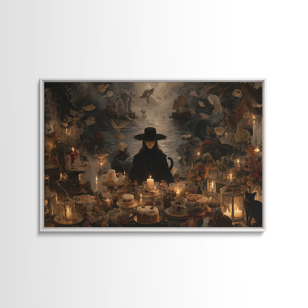 The Witch'S Cat Cafe, Symbolist Gothic Landscape, Landscape Wall Art, Gothic Horror Wall Art, Canvas Print, Halloween Wall Art