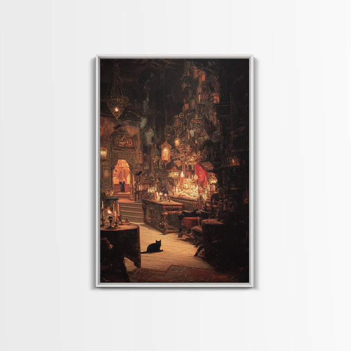 The Witch'S Cat Cafe, Ornate Symbolist Art, Vertical Wall Art, Macabre Wall Art, Framed Canvas Print, Halloween Wall Art