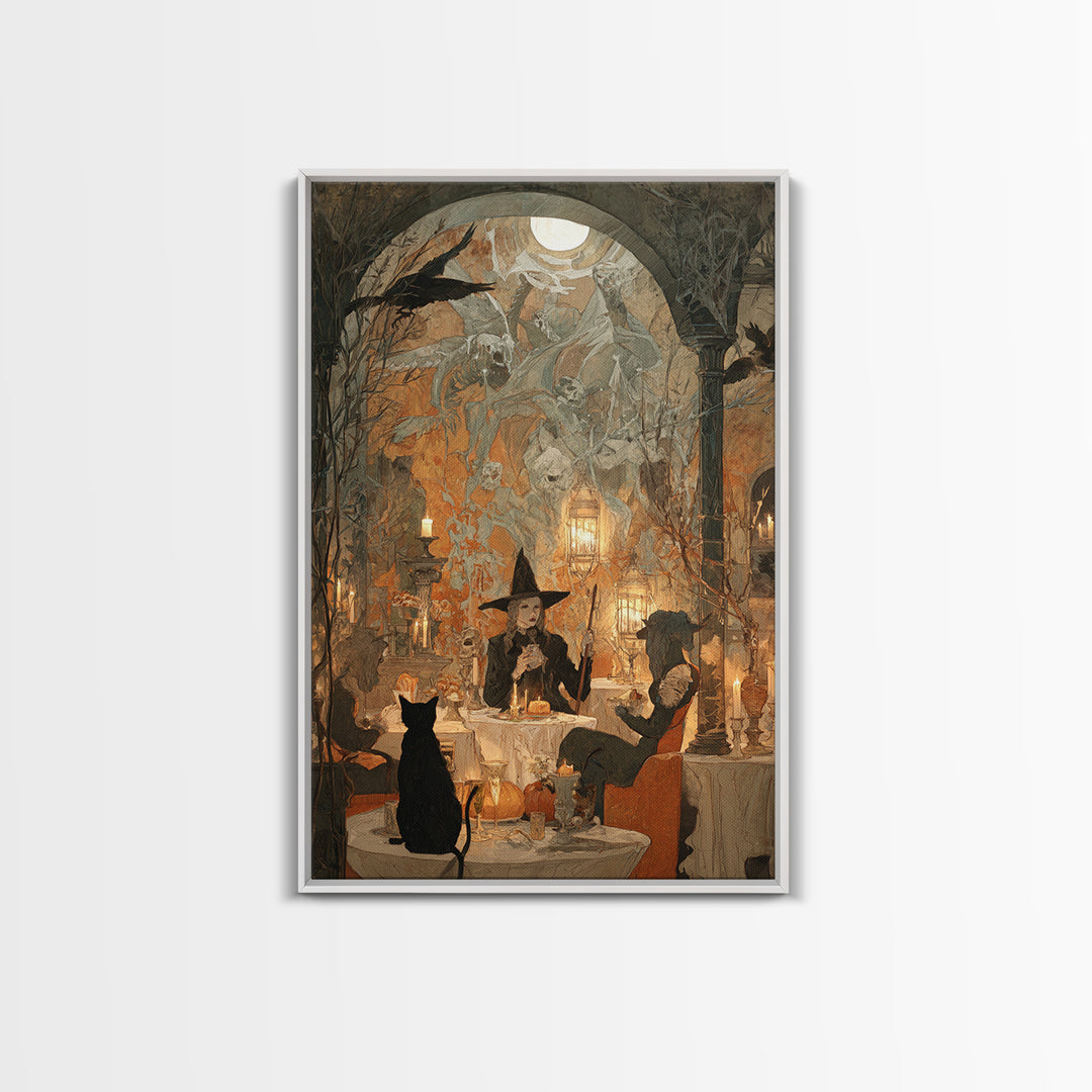 The Witch'S Cat Cafe, Decadent Gothic Art, Vertical Wall Art, Gothic Horror Wall Art, Framed Canvas Print, Halloween Wall Art