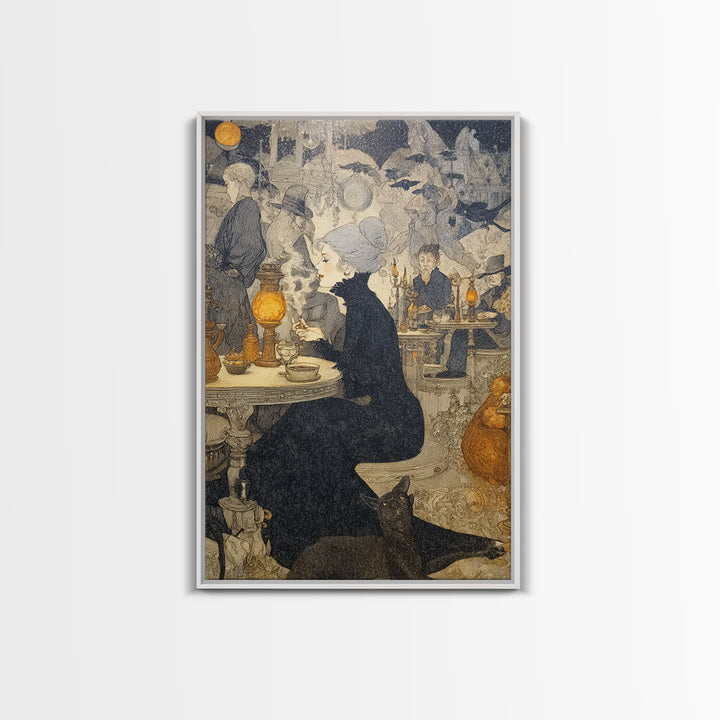 The Witch'S Cat Cafe, Symbolist Death Art, Vertical Wall Art, Gothic Horror Wall Art, Canvas Print, Halloween Wall Art