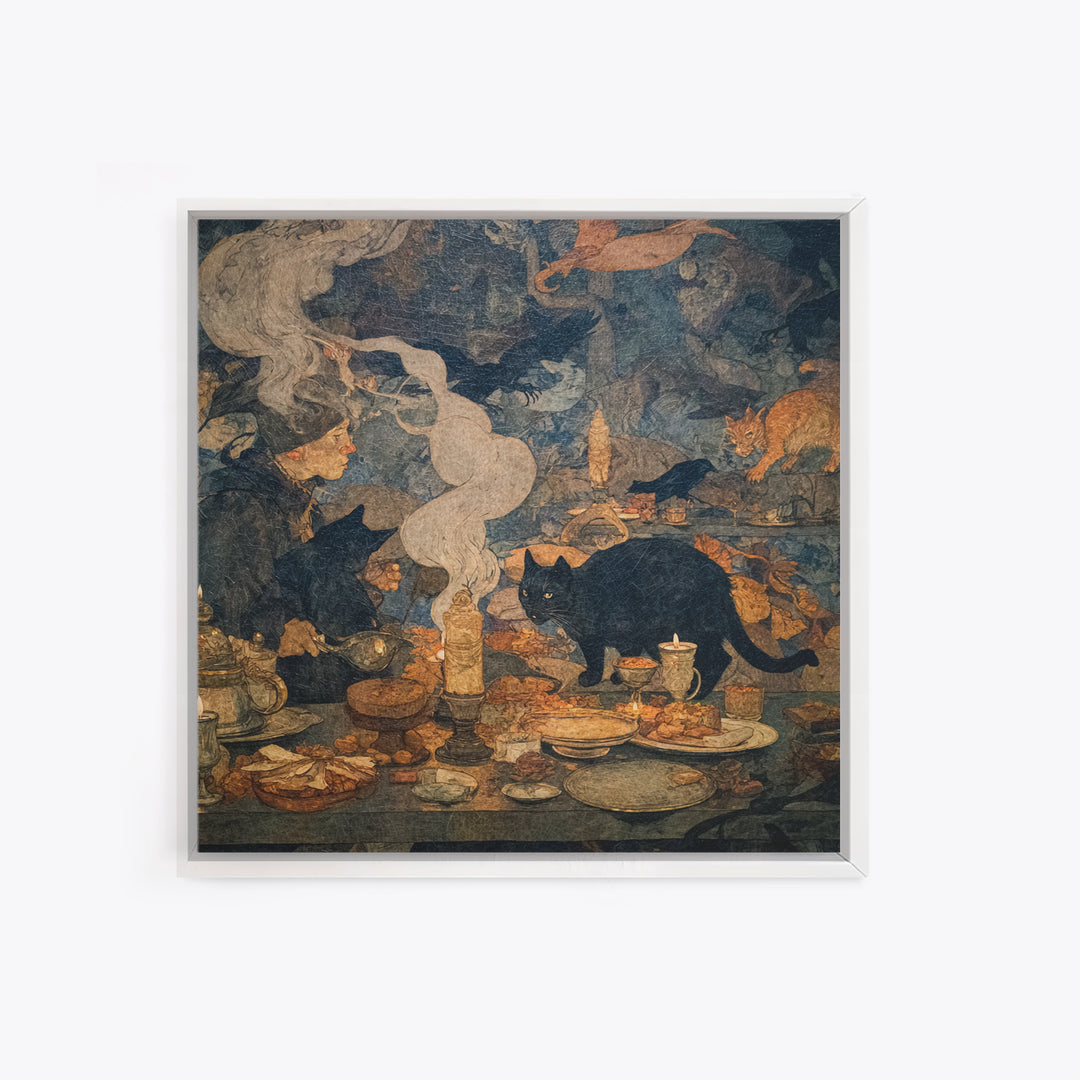 The Witch'S Cat Cafe, Dark Symbolist Art, Square Wall Art, Dark Halloween Decor, Framed Canvas Print, Halloween Wall Art