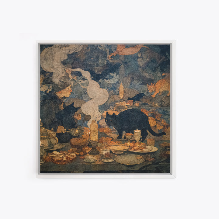 The Witch'S Cat Cafe, Dark Symbolist Art, Square Wall Art, Dark Halloween Decor, Framed Canvas Print, Halloween Wall Art