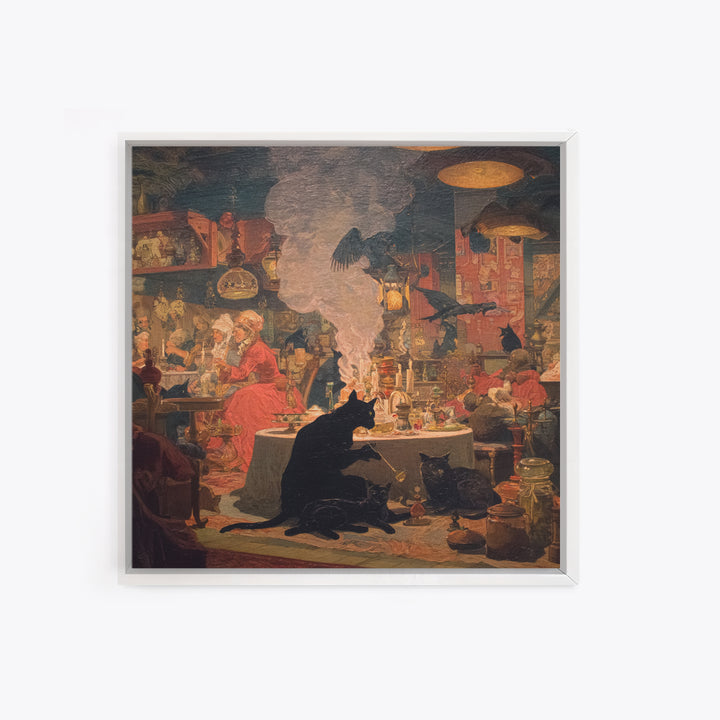 The Witch'S Cat Cafe, Symbolist Etching Art, Square Wall Art, Dark Halloween Decor, Canvas Print, Halloween Wall Art, Gothic Home Decor