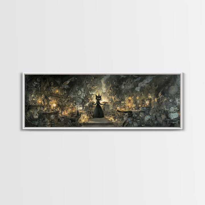 The Witch'S Cat Cafe, Expressionist Nightmare Art, Extra Wide Wall Art, Dark Halloween Decor, Canvas Print, Halloween Wall Art