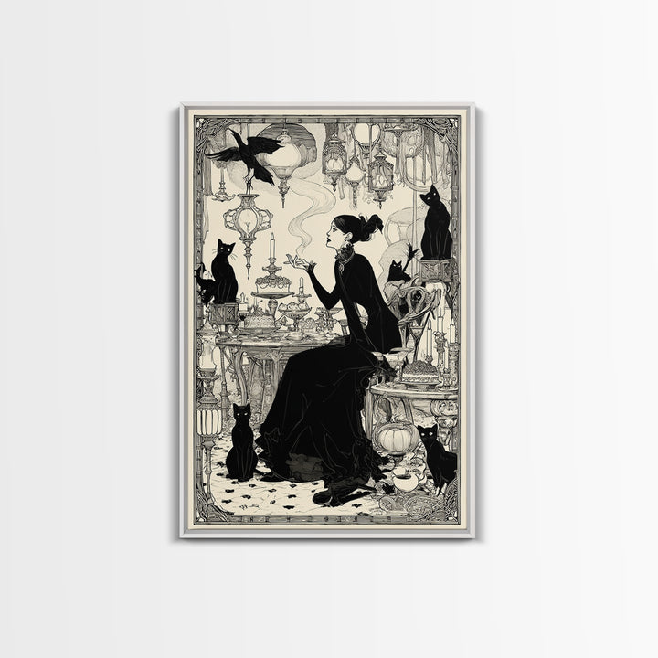 The Witch'S Cat Cafe, Decadent Line Art, Vertical Wall Art, Gothic Horror Wall Art, Framed Canvas Print, Halloween Wall Art