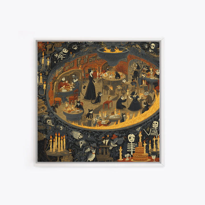 The Witch'S Cat Cafe, Macabre Folk Print Art, Square Wall Art, Macabre Wall Art, Framed Canvas Print, Halloween Wall Art
