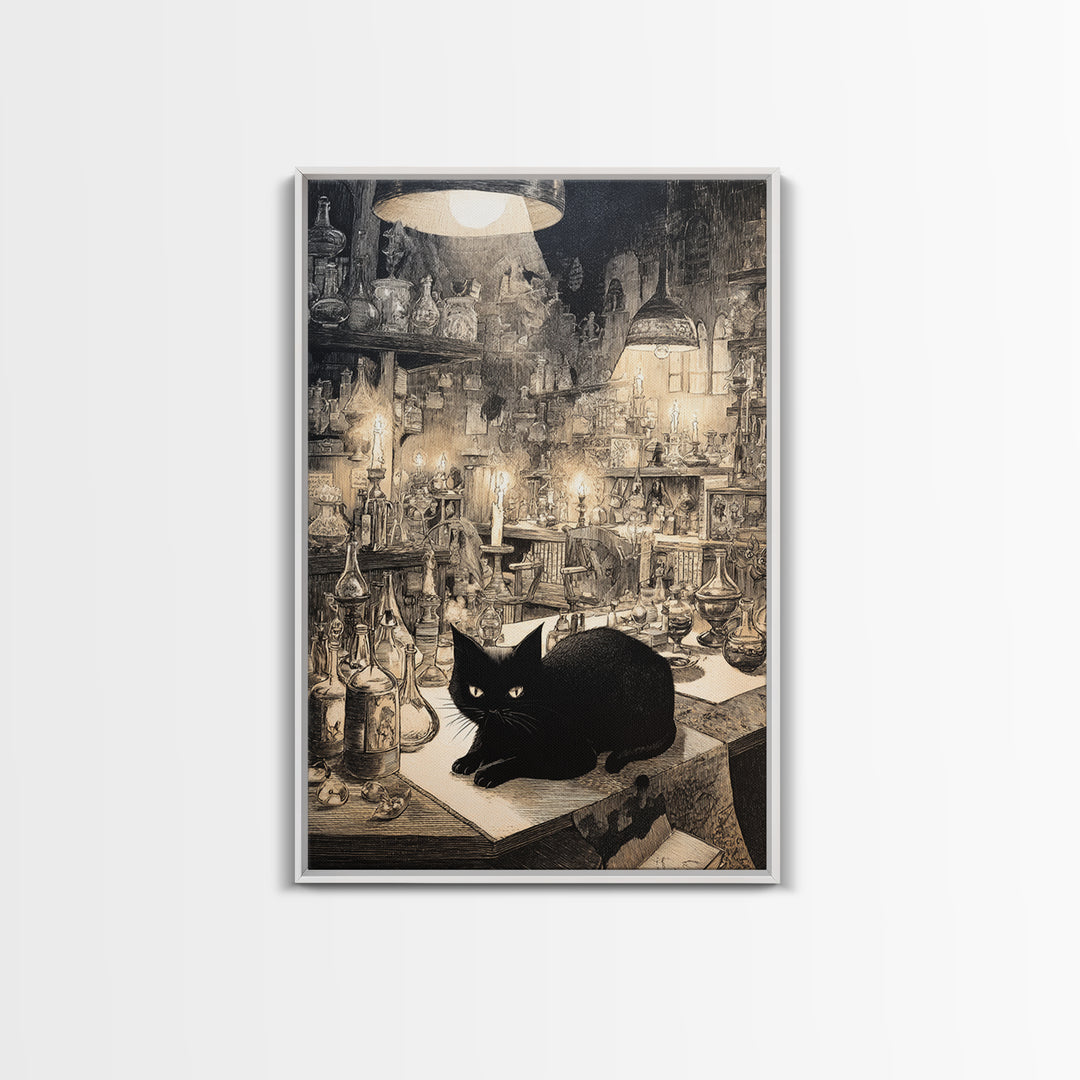 The Witch'S Cat Cafe, Victorian Macabre Art, Vertical Wall Art, Macabre Wall Art, Framed Canvas Print, Halloween Wall Art