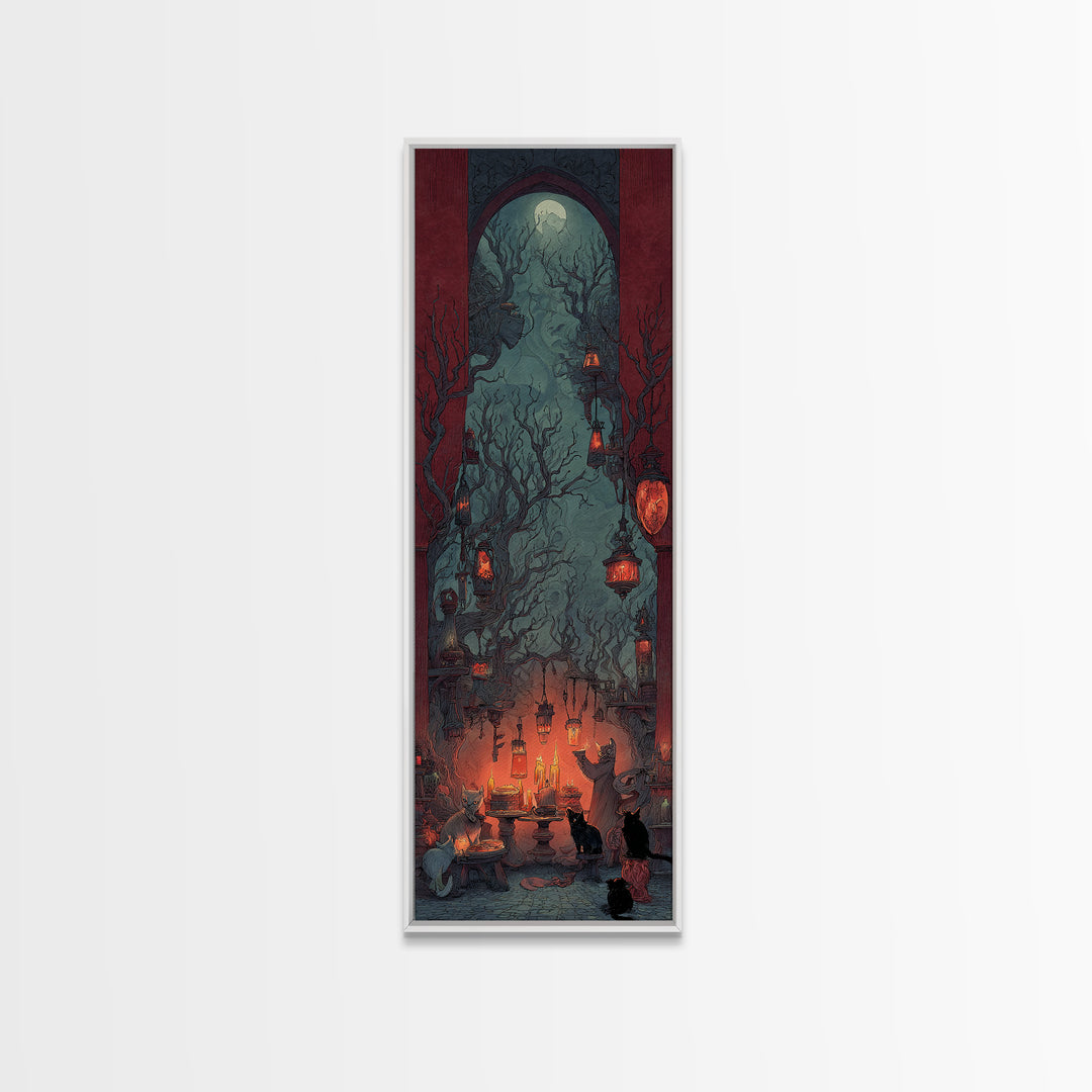 The Witch'S Cat Cafe, Surreal Apocalyptic Art, Tall Narrow Wall Art, Dark Fantasy Wall Art, Framed Canvas Print, Halloween Wall Art