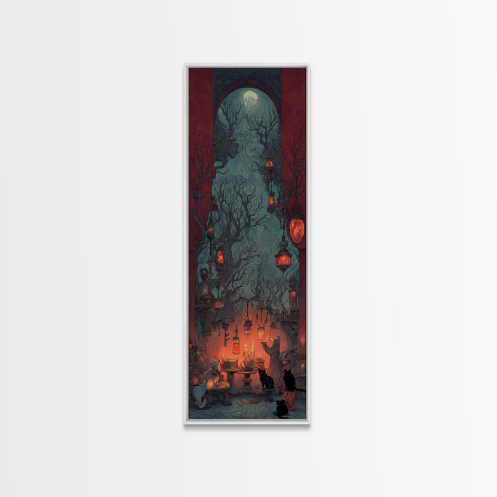 The Witch'S Cat Cafe, Surreal Apocalyptic Art, Tall Narrow Wall Art, Dark Fantasy Wall Art, Framed Canvas Print, Halloween Wall Art