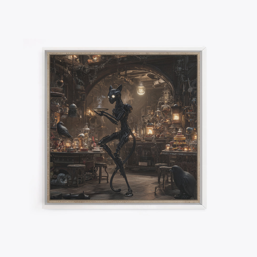 The Witch'S Cat Cafe, Biomechanical Horror Art, Square Wall Art, Dark Halloween Decor, Framed Canvas Print, Halloween Wall Art