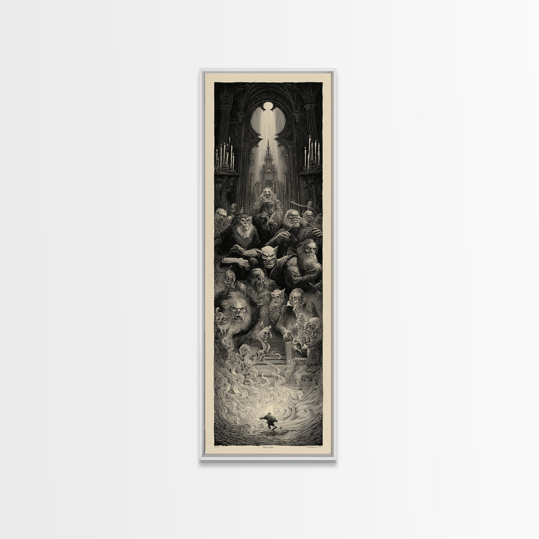 The Monster Family Portrait, Gothic Engraving Art, Tall Narrow Wall Art, Dark Halloween Decor, Canvas Print, Halloween Wall Art