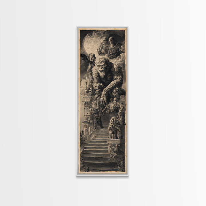 The Monster Family Portrait, Architectural Etching Art, Tall Narrow Wall Art, Dark Halloween Decor, Framed Canvas Print