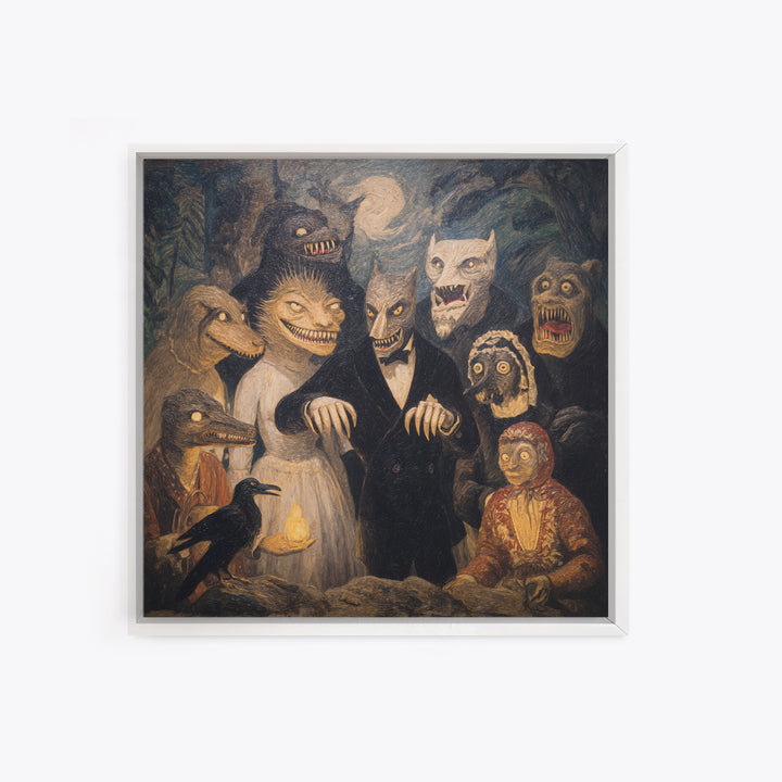 The Monster Family Portrait, Expressionist Gothic Art, Square Wall Art, Dark Halloween Decor, Framed Canvas Print, Halloween Wall Art