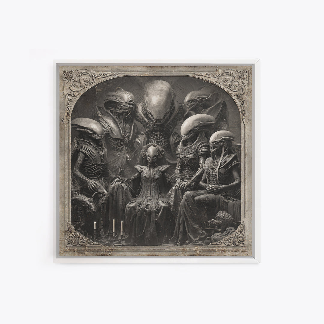 The Monster Family Portrait, Biomechanical Horror Art, Square Wall Art, Macabre Wall Art, Framed Canvas Print, Halloween Wall Art