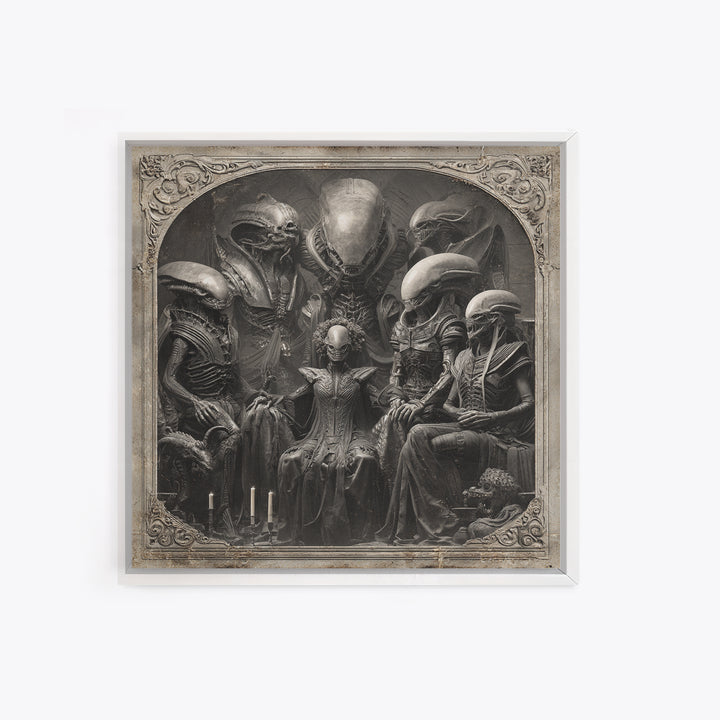 The Monster Family Portrait, Biomechanical Horror Art, Square Wall Art, Macabre Wall Art, Framed Canvas Print, Halloween Wall Art