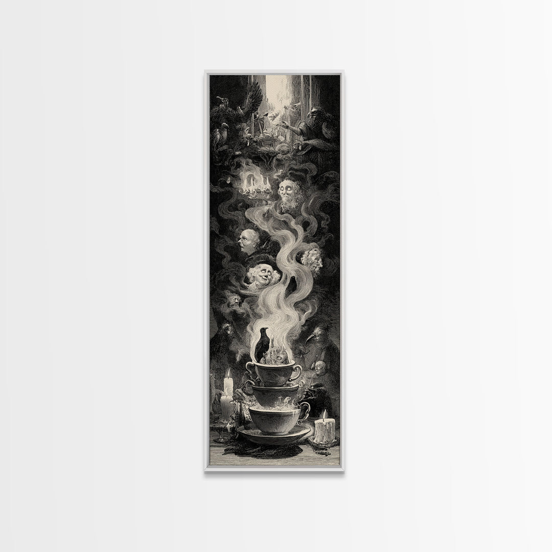 Tiny Ghosts In Teacups, Gothic Engraving Art, Tall Narrow Wall Art, Dark Fantasy Wall Art, Framed Canvas Print, Halloween Wall Art