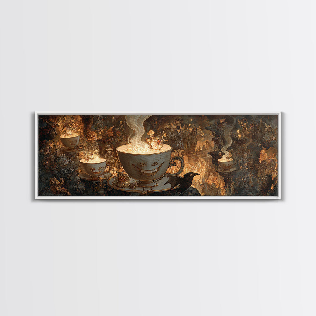 Tiny Ghosts In Teacups, Medieval Grotesque Art, Extra Wide Wall Art, Dark Halloween Decor, Framed Canvas Print, Halloween Wall Art